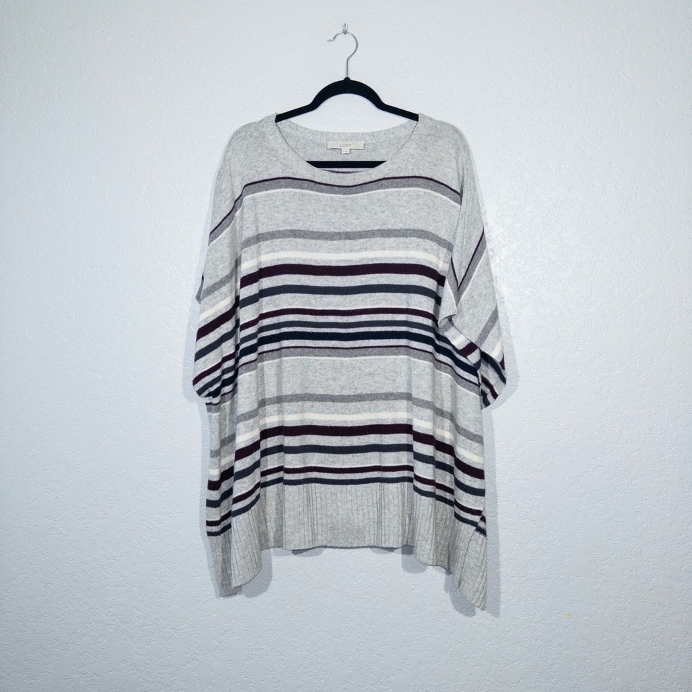 New‎ Loft Gray Striped Oversized Cotton & Cashmere Blend Poncho Sweater Medium